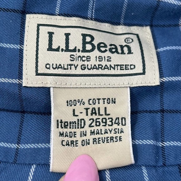 LL Bean Mens Short Sleeve Check Plaid Button Down Size Large Tall Blue White - Picture 2 of 4